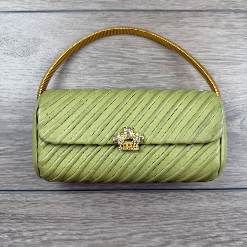 Murray Kruger Womens Vintage Quilted Leather Clutch Bag Green Small